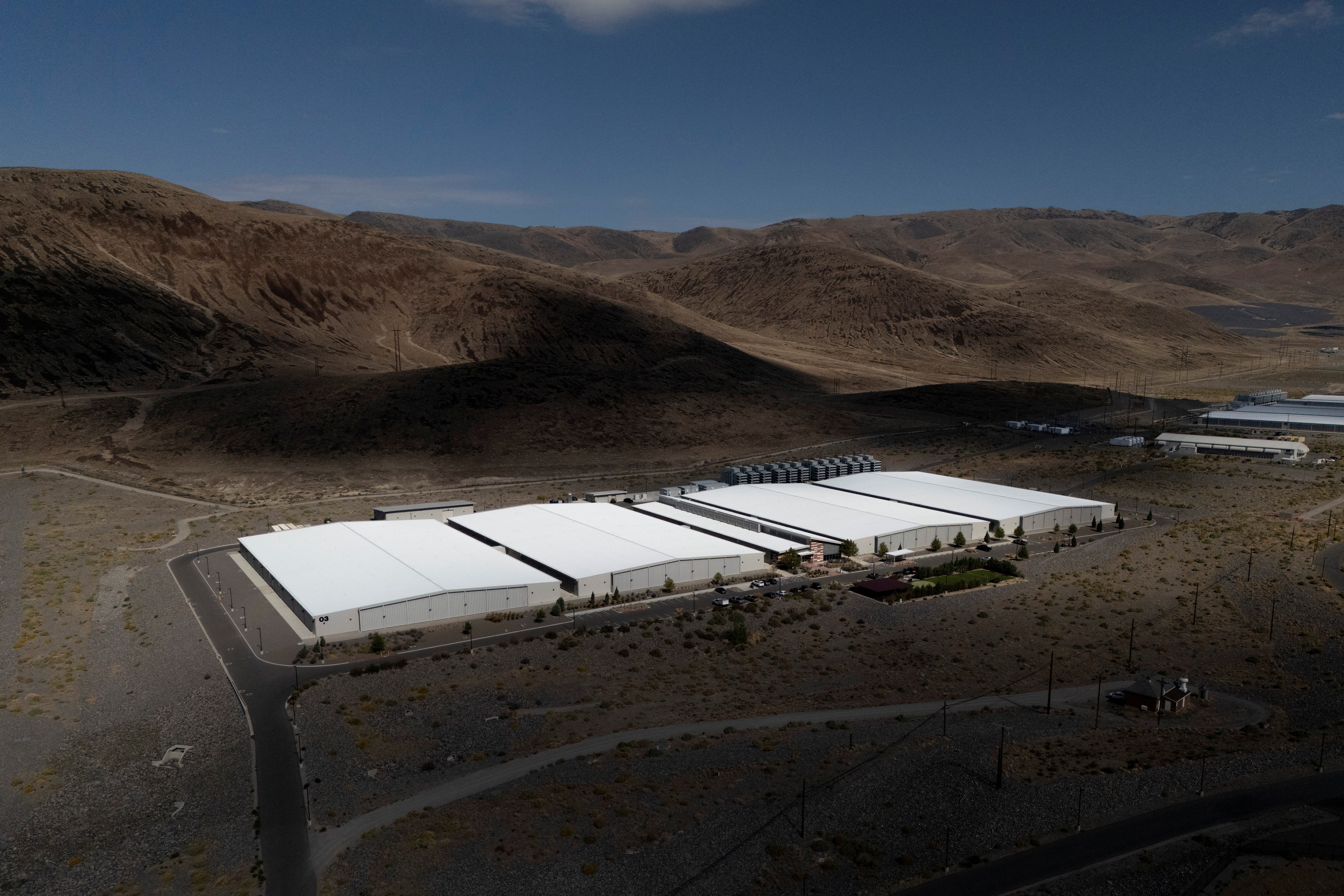 A drone view shows data centers at the Apple Sparks Campus in Sparks, Nevada