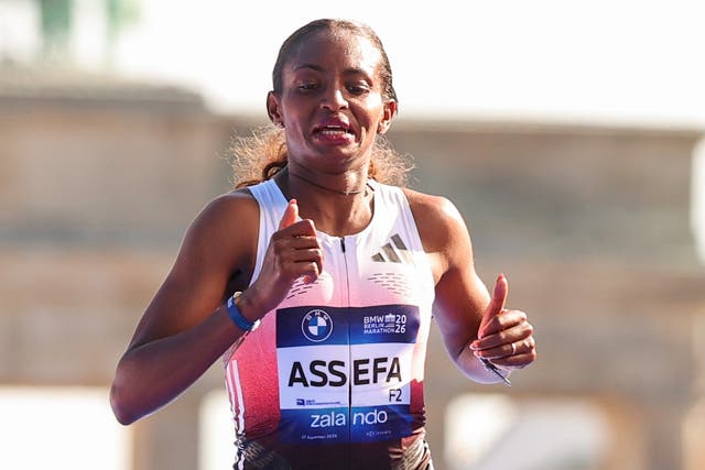 <p>Tigst Assefa fell agonisingly short of a world record in Berlin after a serious Achilles injury in the closing stages</p>