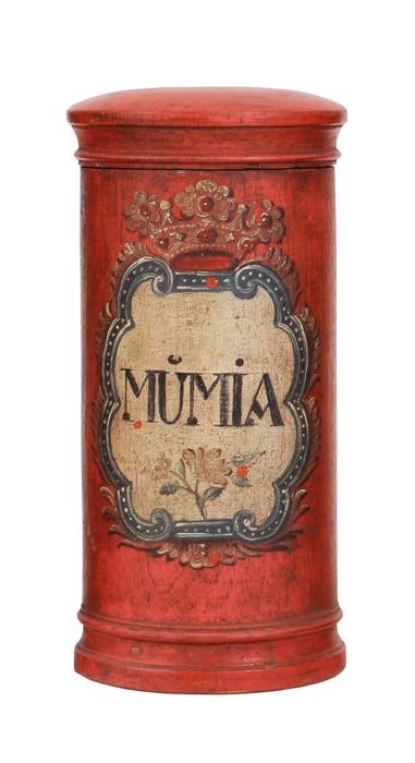 An apothecary vessel labeled 'Mumia' used for powdered Mumia vera