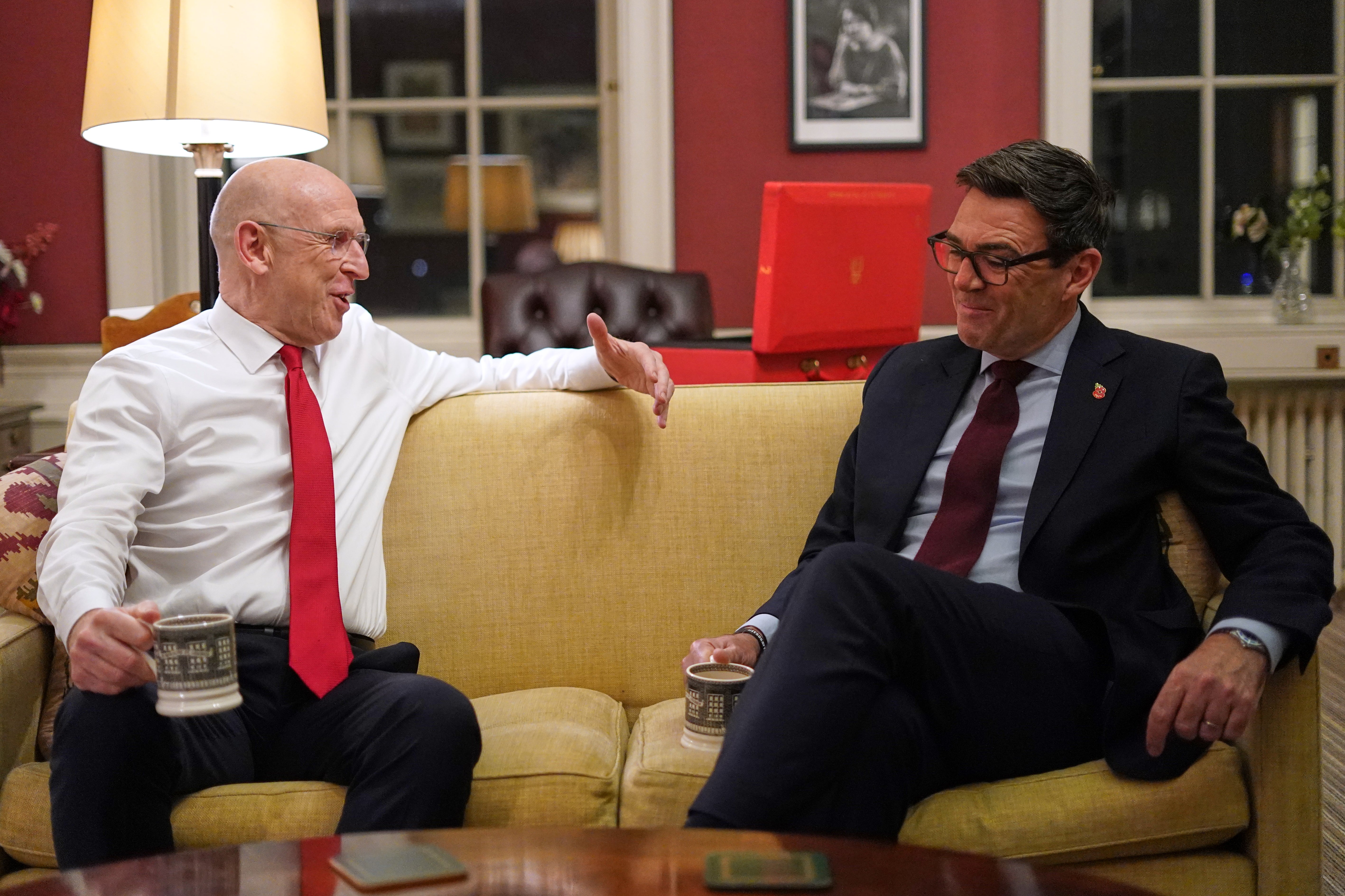 Britain's Prime Minister Andy Burnham, right, and Chancellor of the Exchequer John Healey meet ahead of the UK budget at 11 Downing Street in London, Monday, Oct. 26, 2026