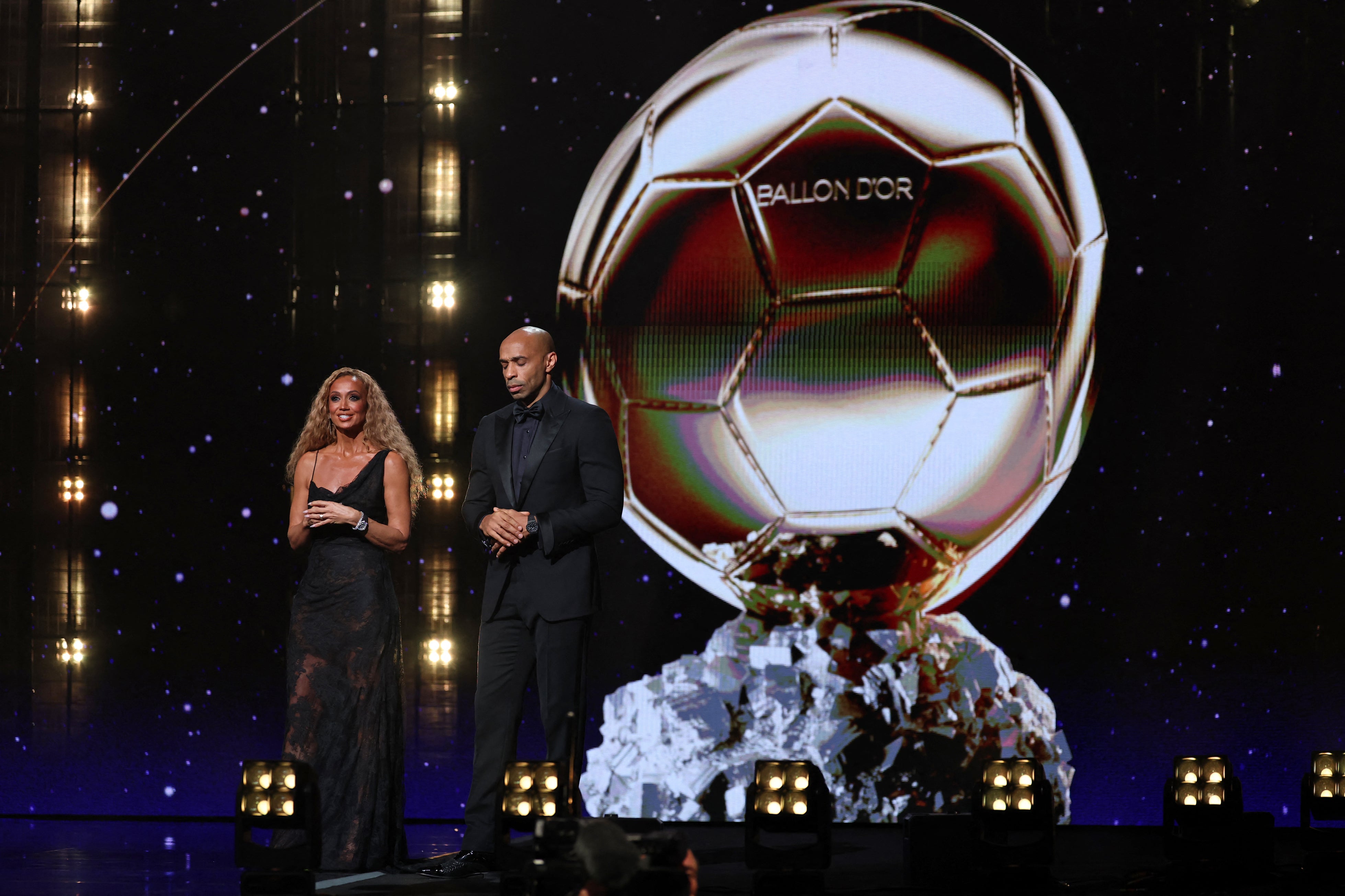 Hosts Kate Scott and Thierry Henry on stage during the 2026 Ballon d'Or France Football award ceremony
