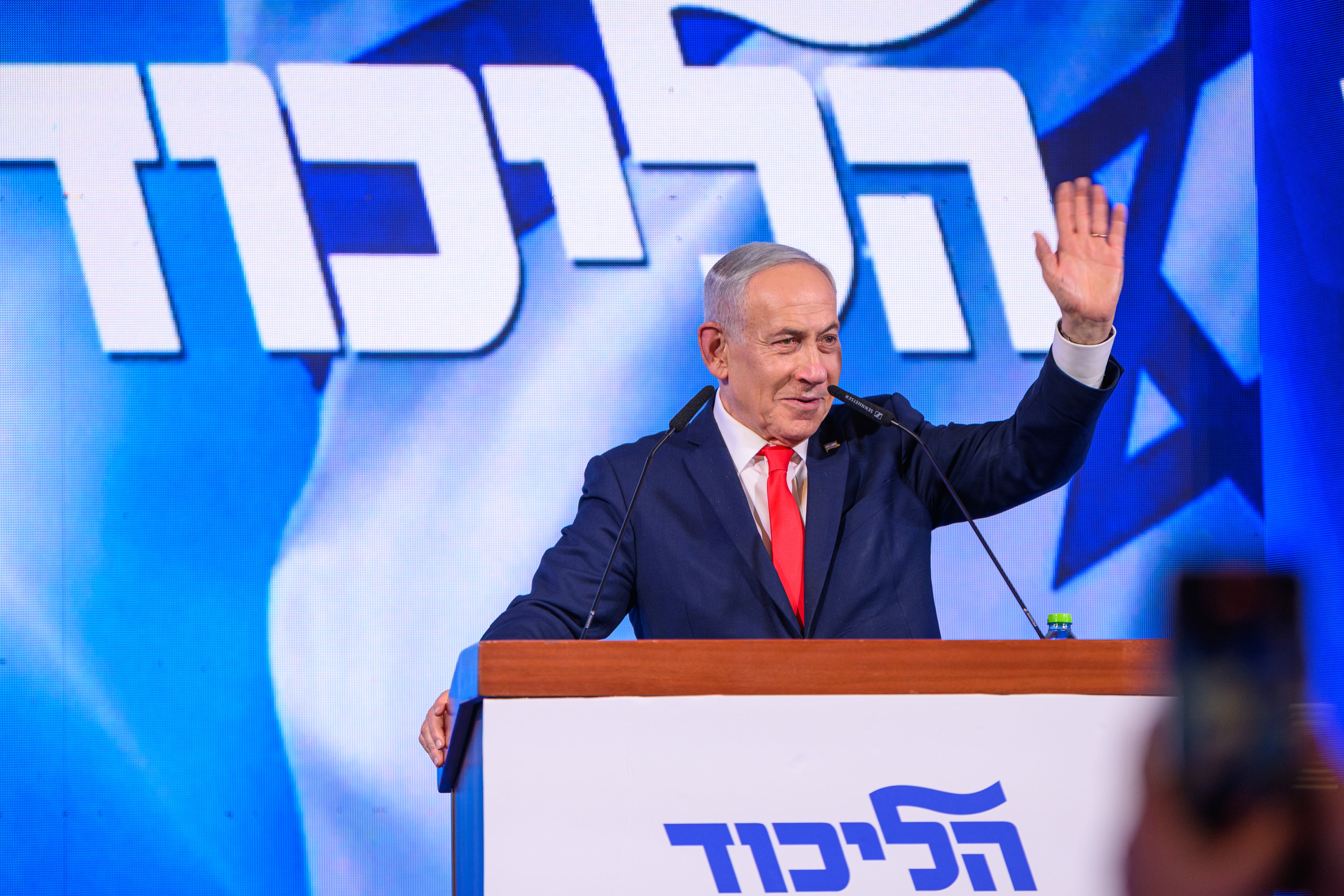 Netanyahu (pictured here waving at supporters on October 28) touted Trump's endorsement during a televised message on Sunday