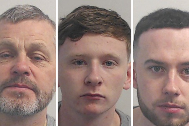 <p>Scott Dragsness (left), Andrew Graham (centre and Ben Stanex (right) have been jailed for their parts in a "ferocious" assault that left a football fan with bleeding on the brain following the Scottish Cup quarter-final between Rangers and Celtic</p>