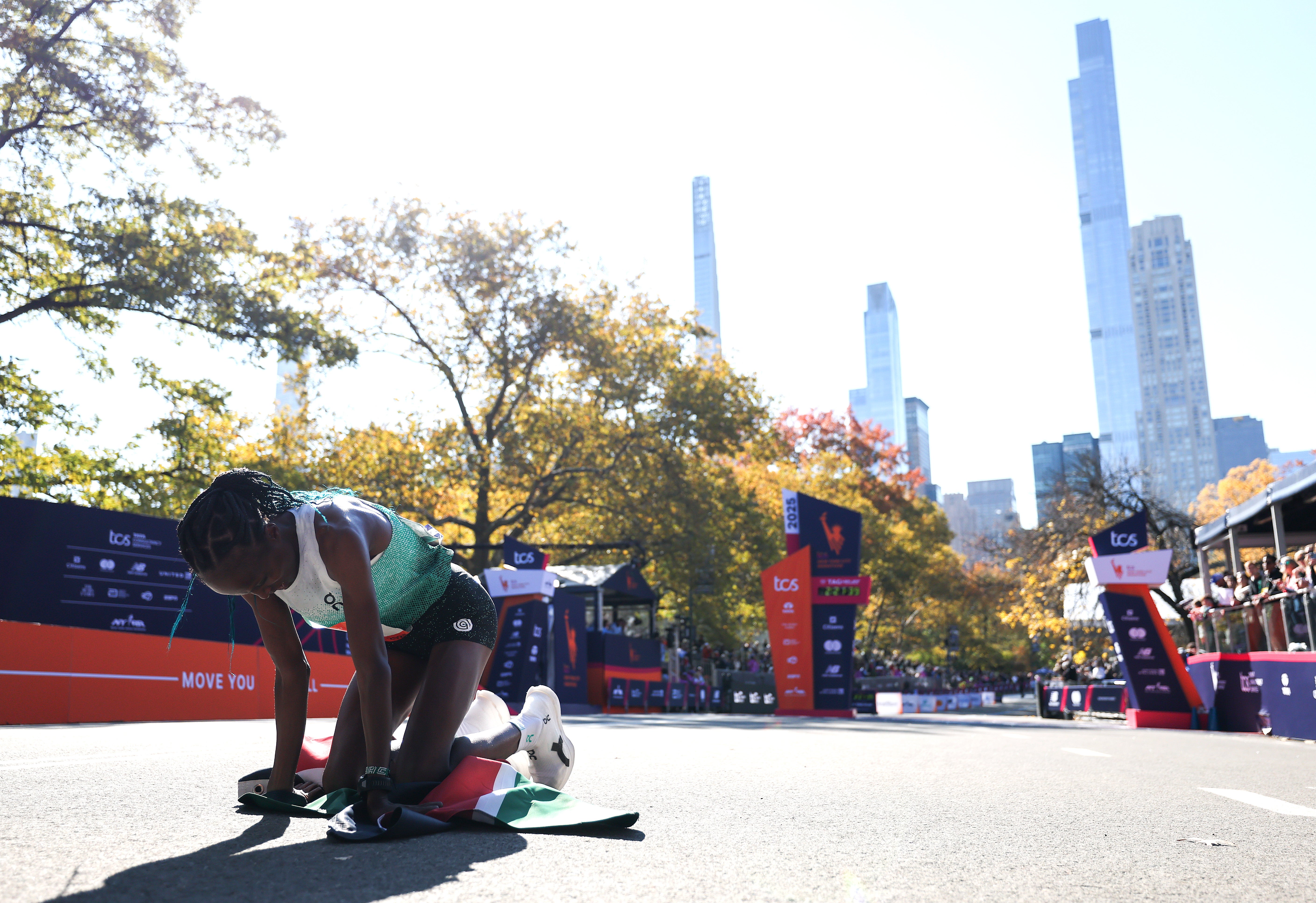 <p>Hellen Obiri of Kenya reacts after winning the women's race at the 2025 TCS New York City Marathon</p>
