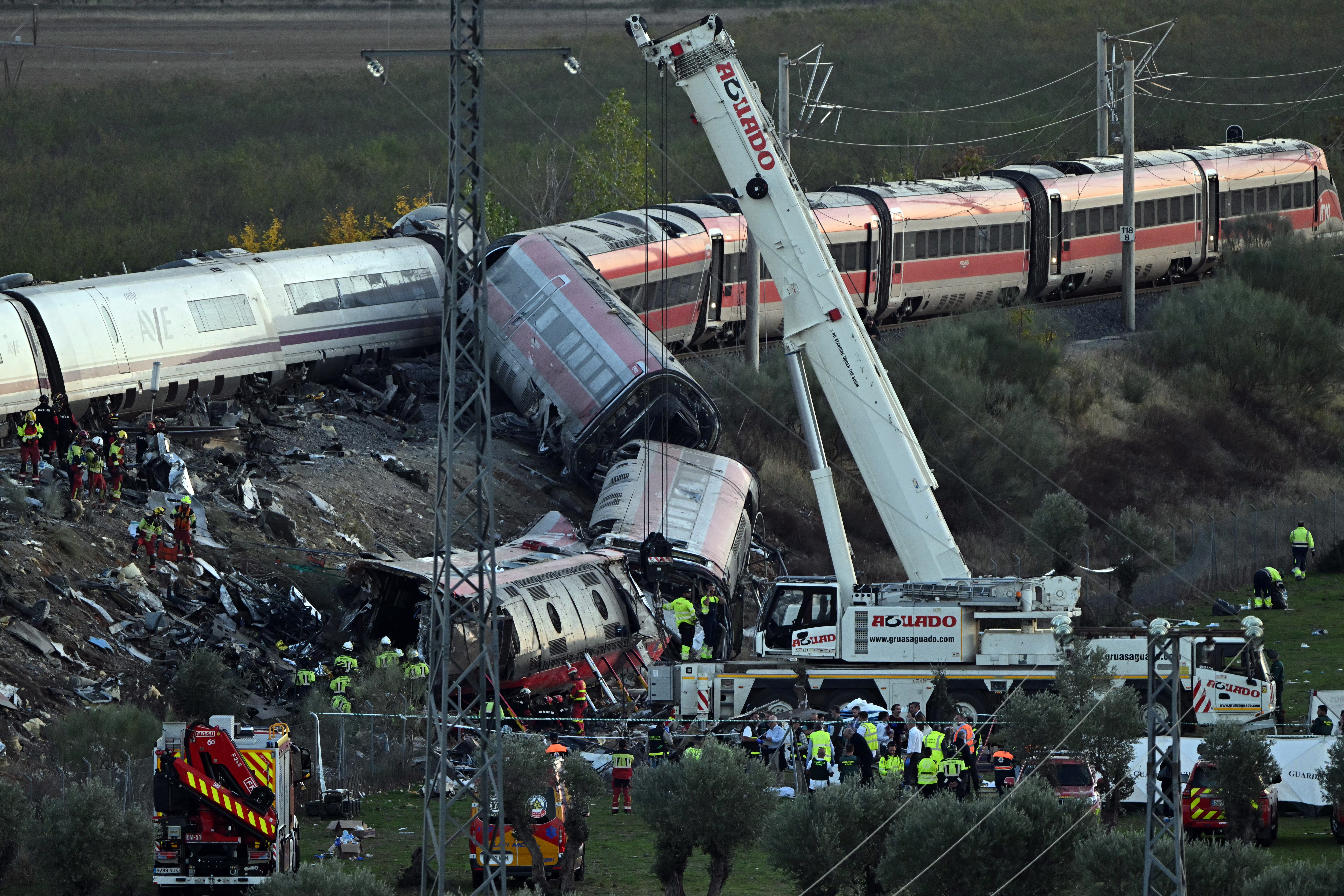 A truck crane is operated at the site of a train crash between two high-speed units, a Renfe AVE train and an Iryo train around 150 km south of Madrid between Urda and Los Yebenes
