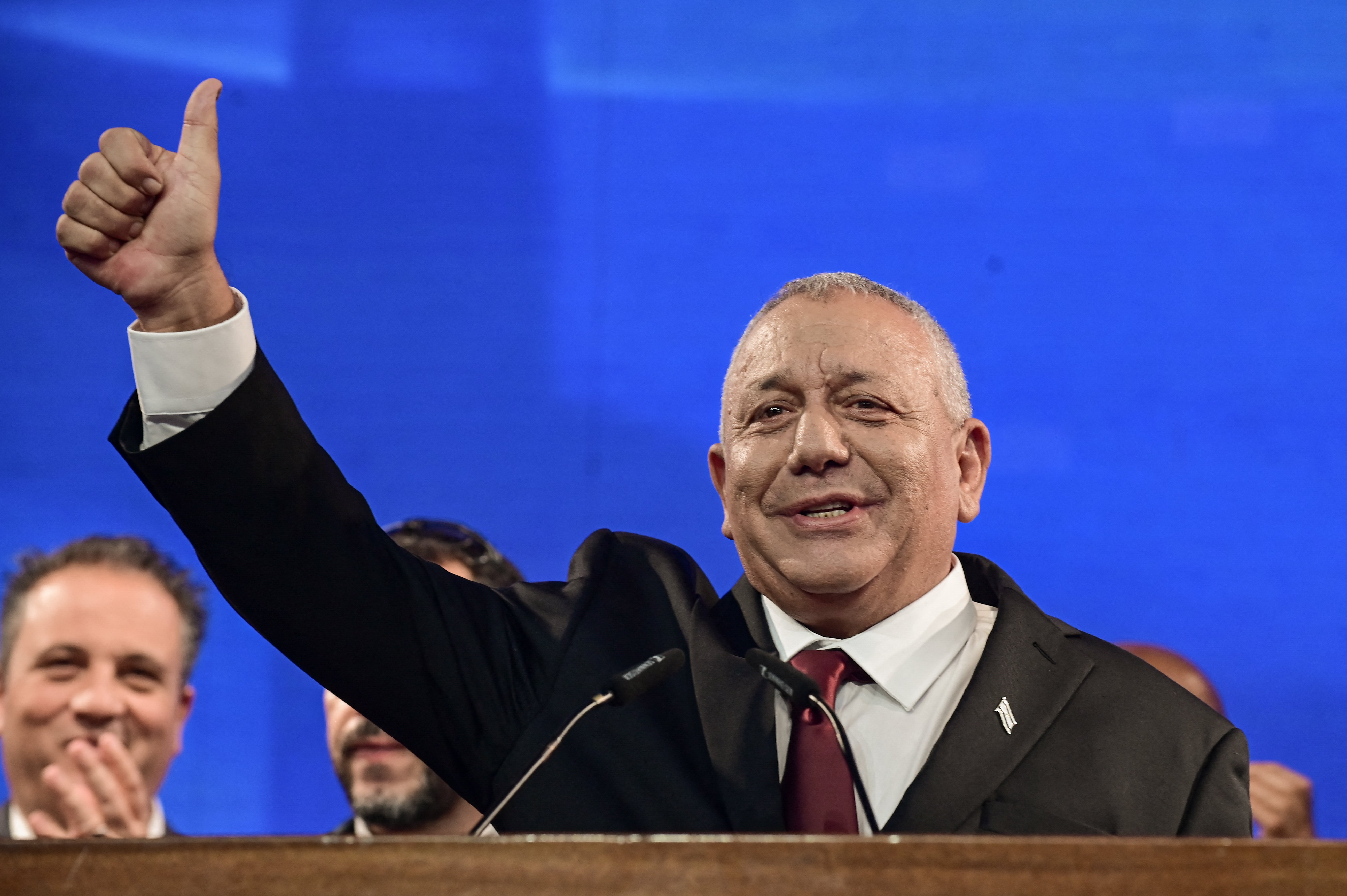 Gadi Eisenkot gestures as he addresses supporters at an election-night rally