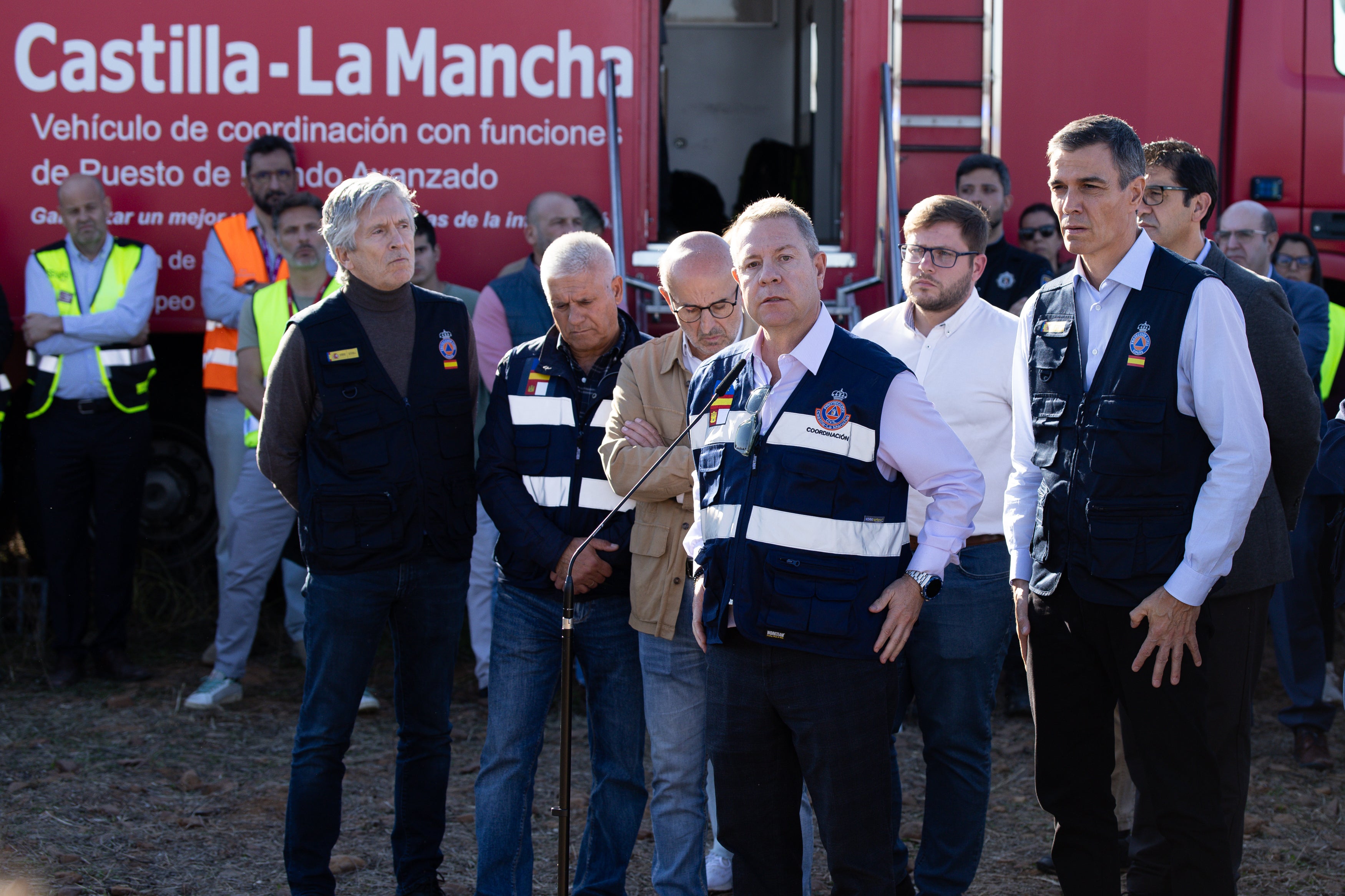 : Emiliano Garcia-Page, President of the Regional Government of Castilla-La Mancha speaks with media near the scene of a train crash on October 28, 2026 near Los Yebenes, Spain