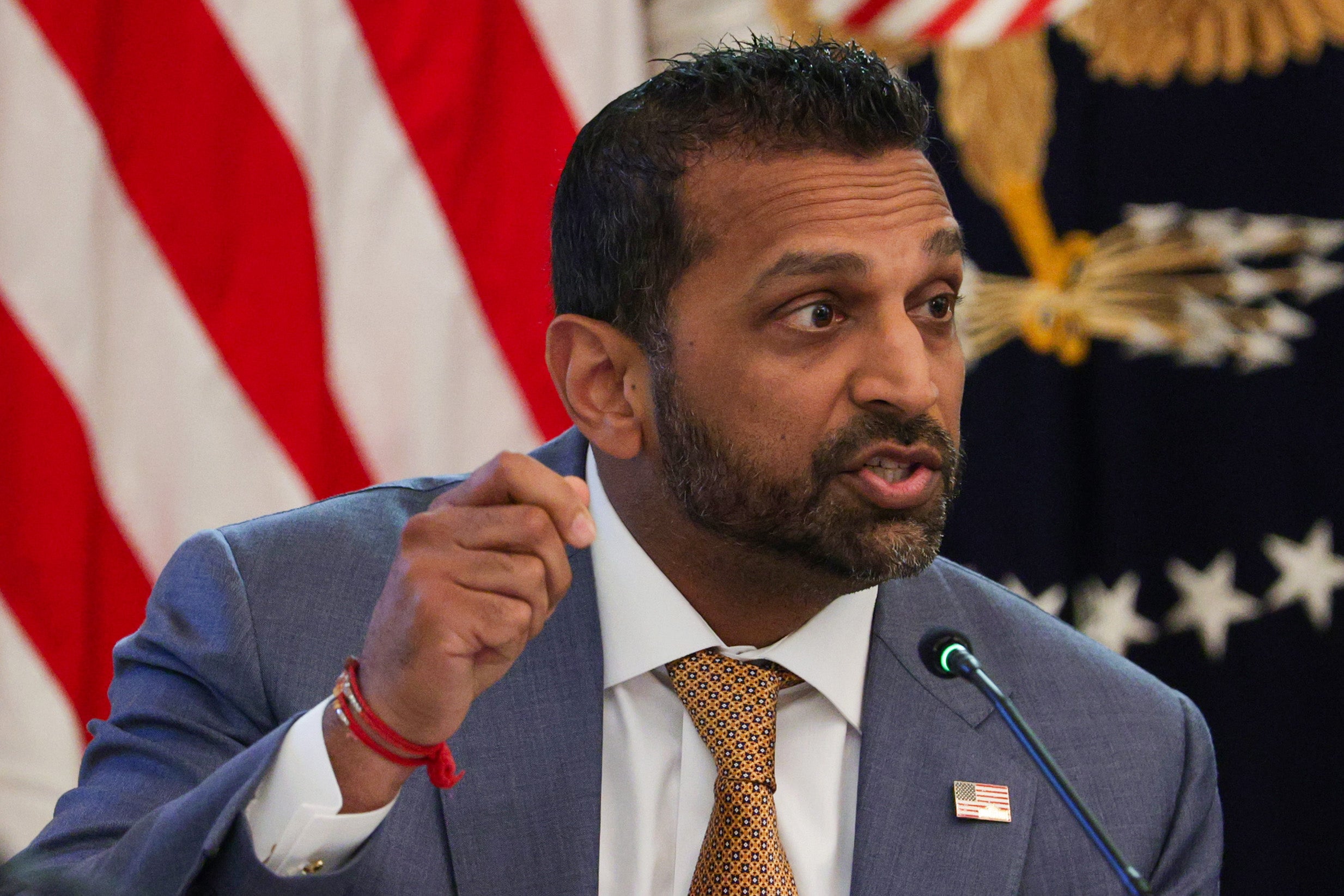 Federal Bureau of Investigation (FBI) Director Kash Patel speaks during a roundtable discussion on cybercrime in the East Room of the White House