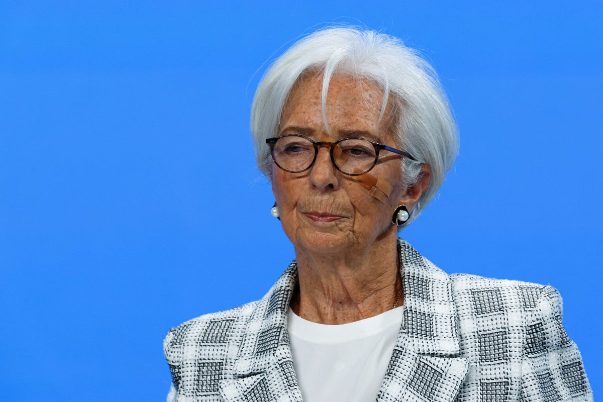 Christine Lagarde stands against a blue background wearing glasses and a checkered jacket.