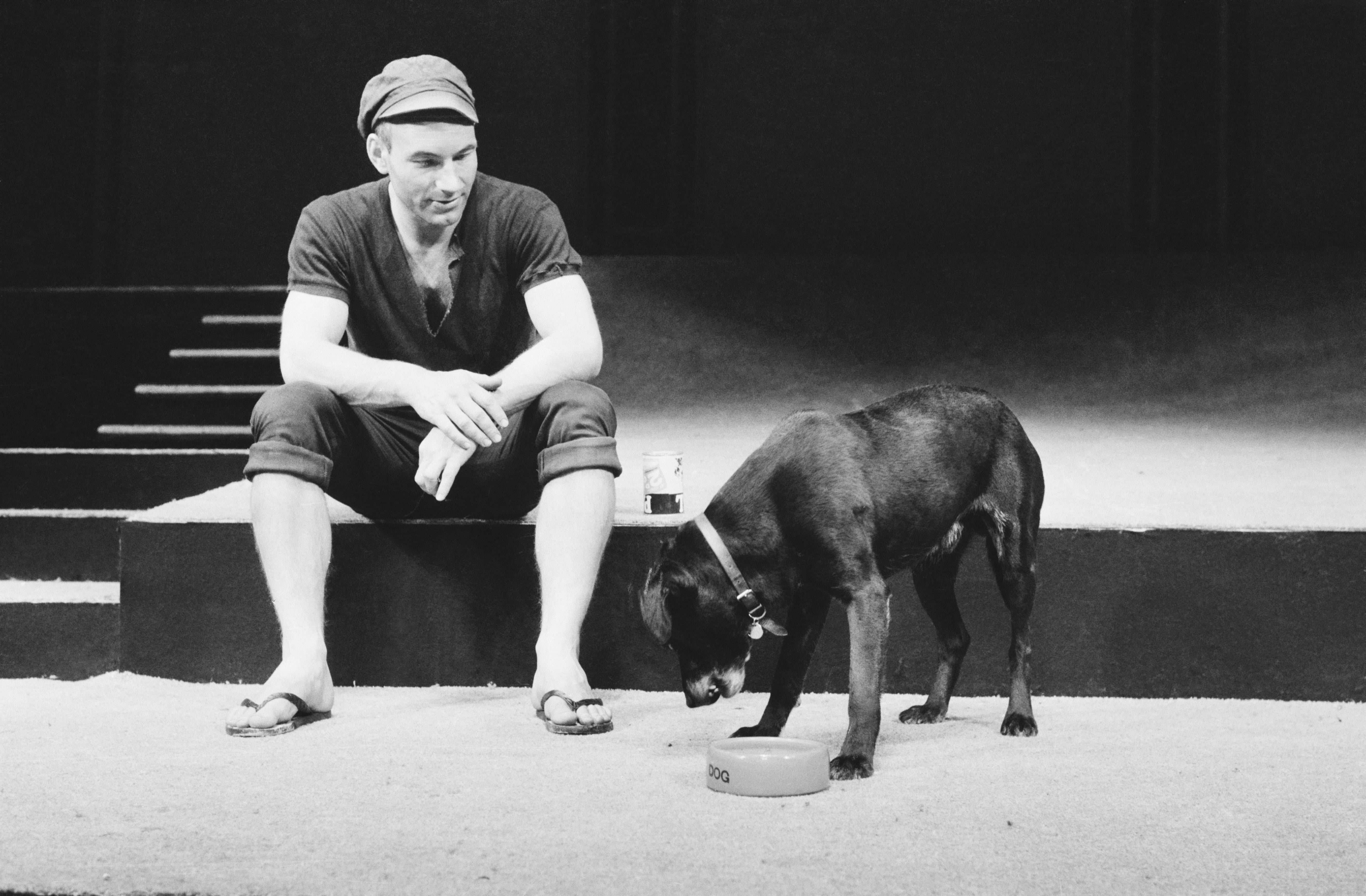 Patrick Stewart as Launce, with his dog Crab, during rehearsals for a Royal Shakespeare Company production of 'Two Gentlemen Of Verona' in 1970
