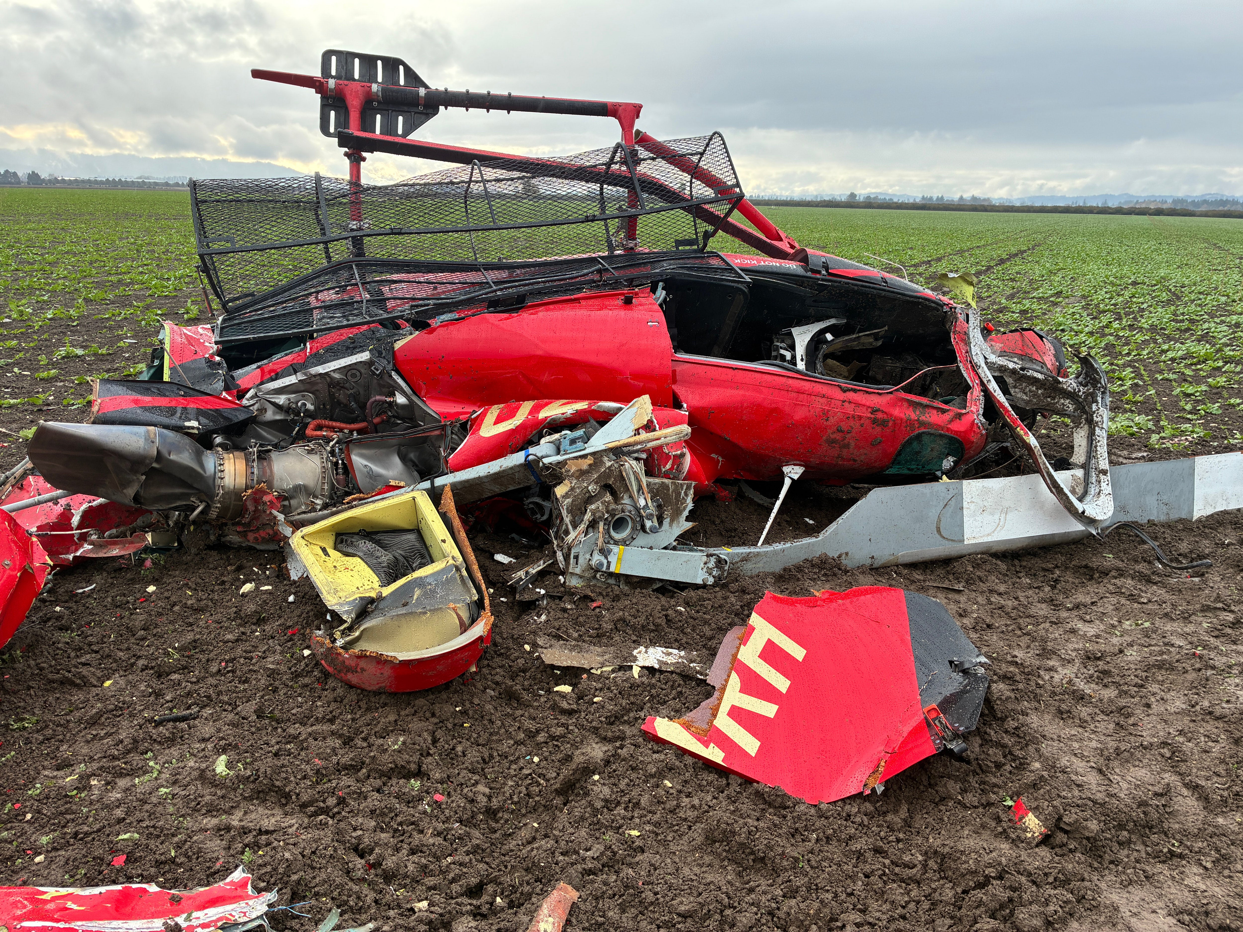 This photo released by the Yamhill County Sheriff's Office shows a damaged helicopter after two helicopters collided and crashed into a farm field in Yamhill County, Ore