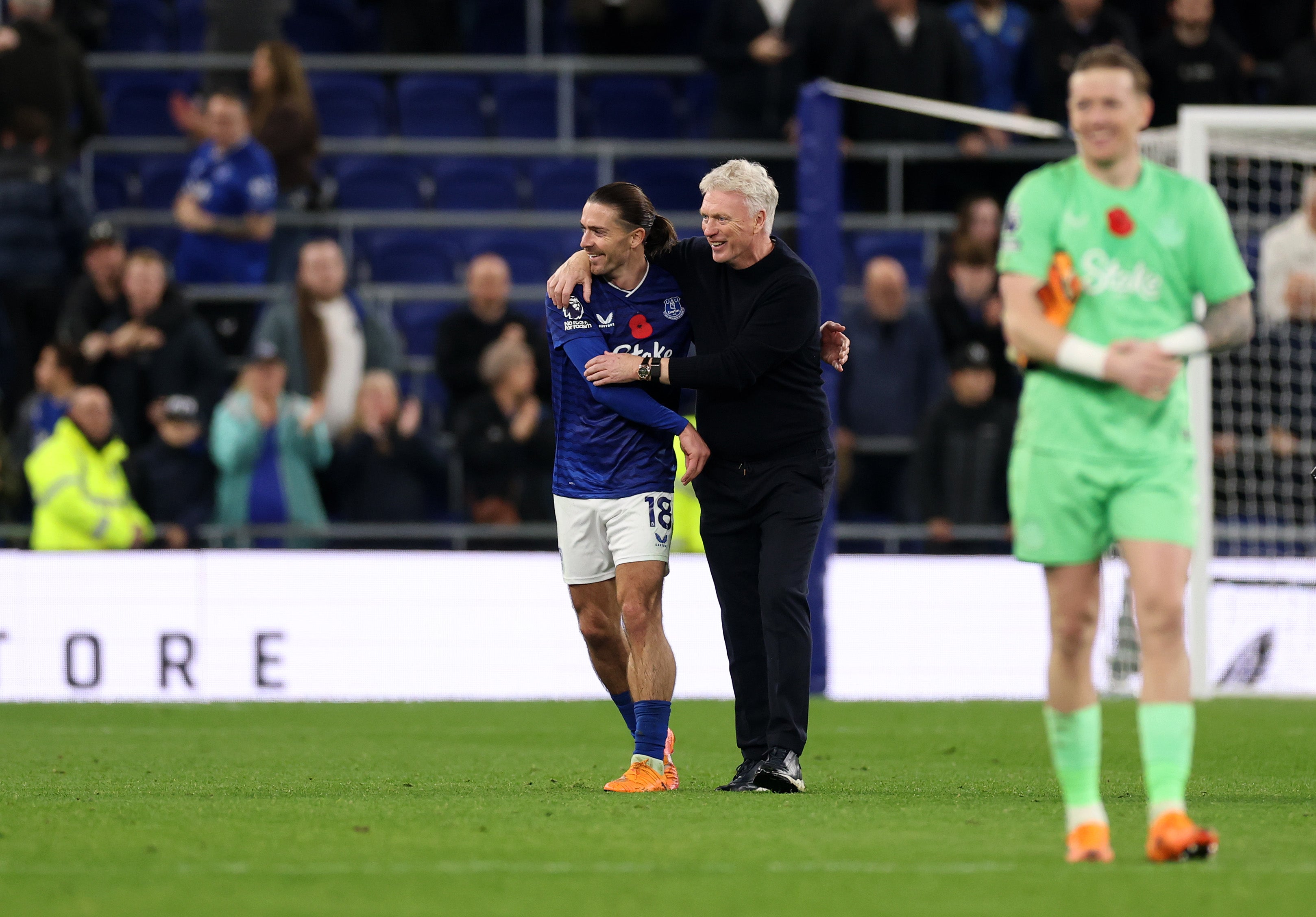 David Moyes, Manager of Everton, celebrates with Jack Grealish against Fulham last year