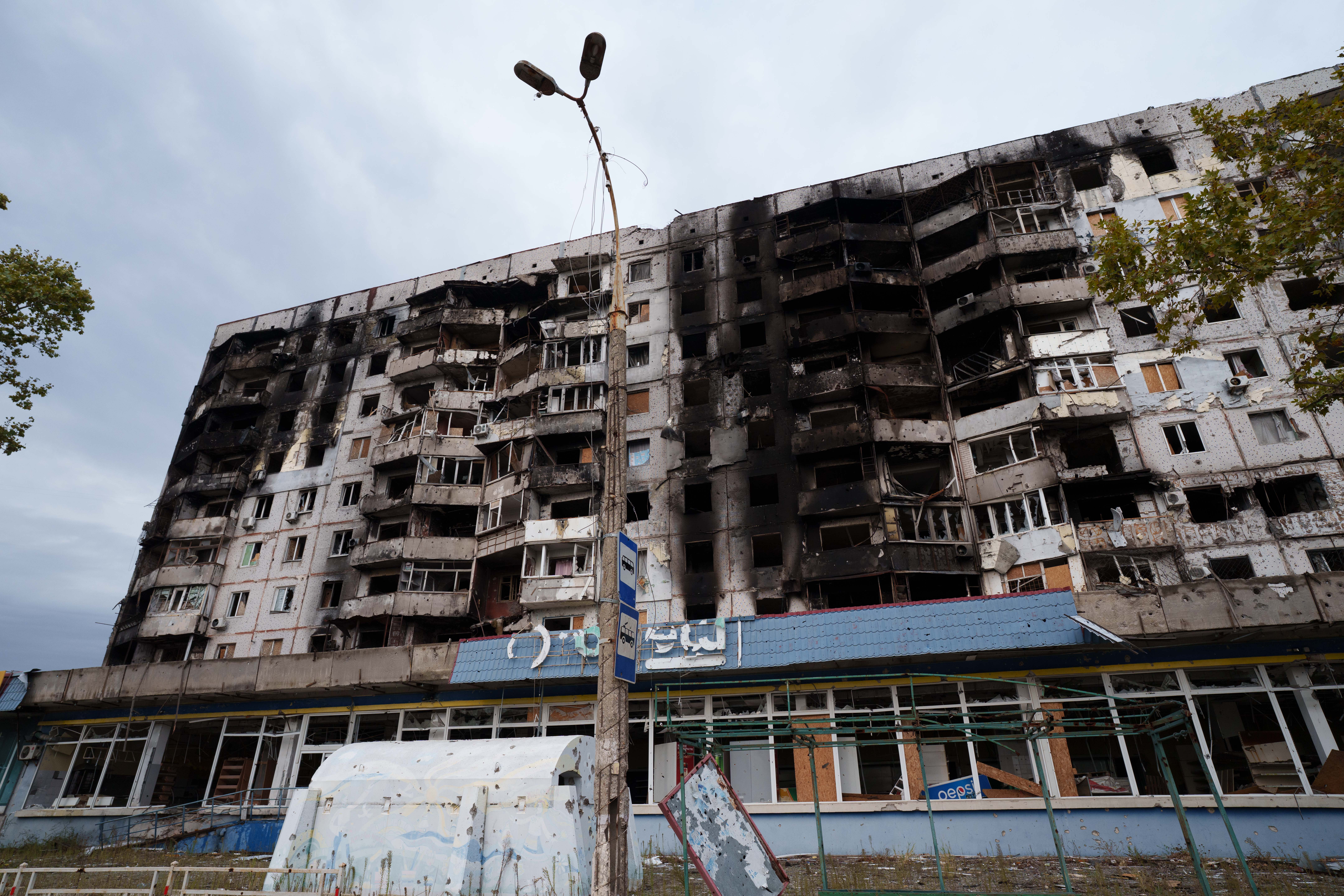 A residential building damaged from Russian attacks in Oleshky, in Kherson oblast, on October 29