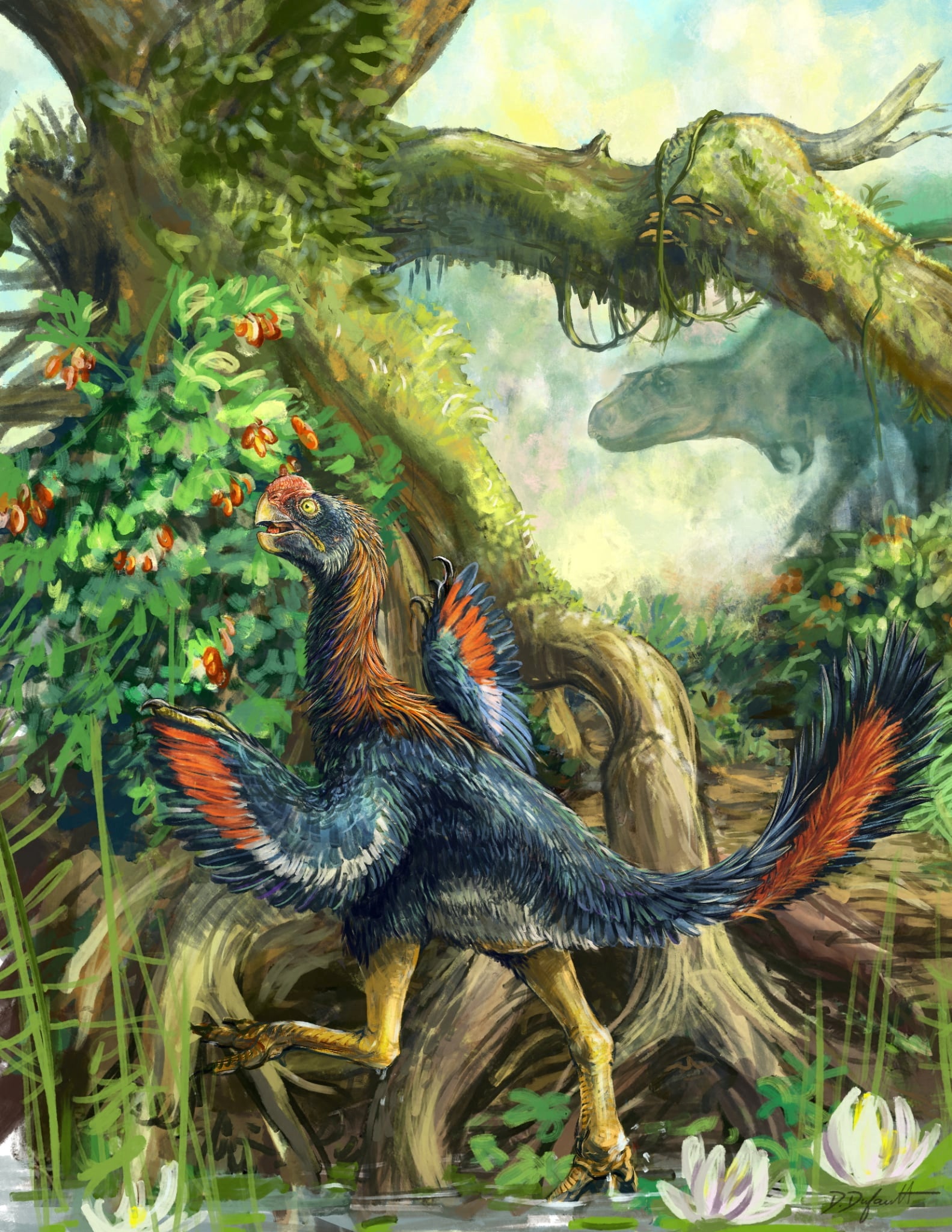 Life reconstruction of the feathered Cretaceous-period dinosaur Infernogallus jamesi eating fruit