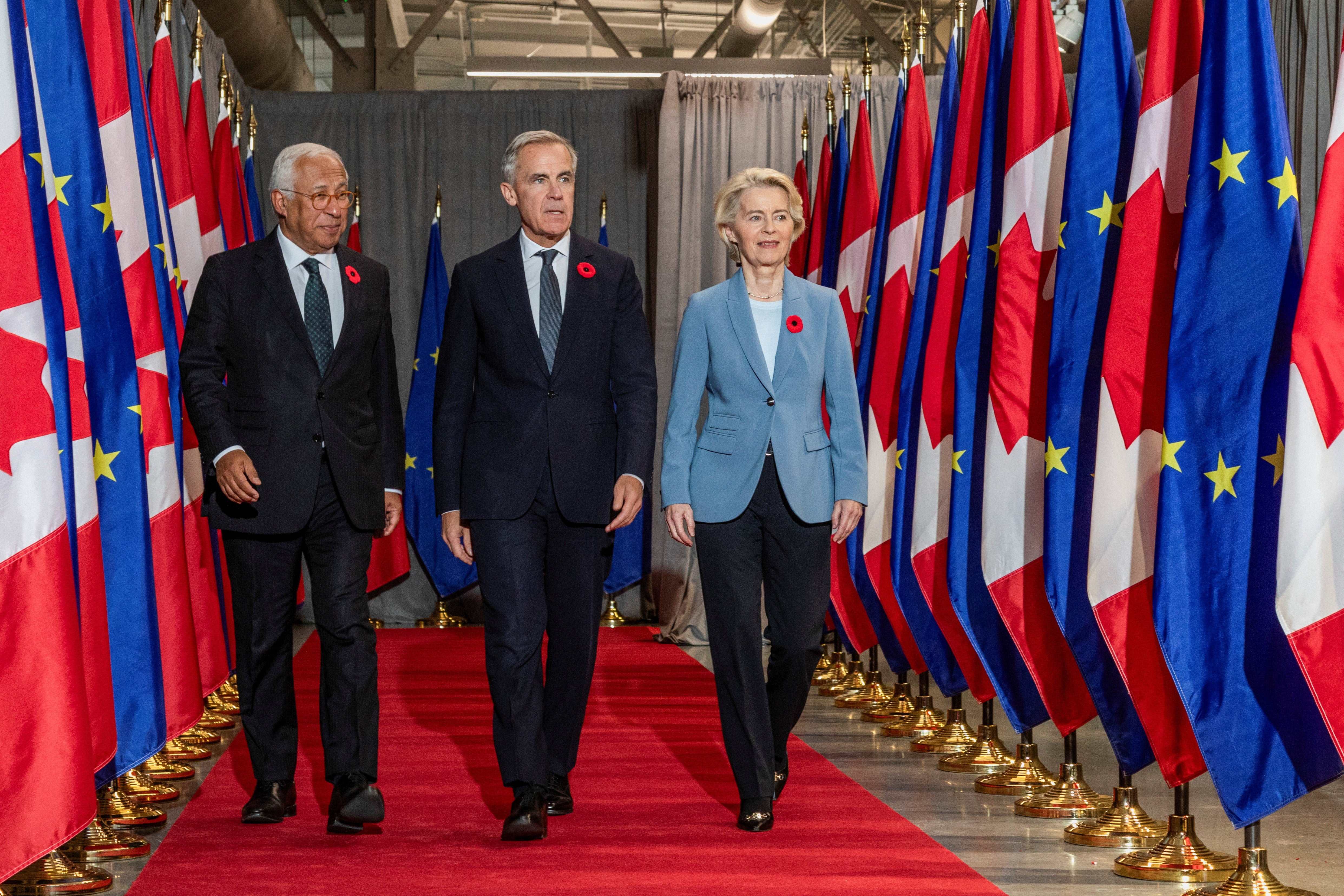 European Council president Antonio Costa, Canada's prime minister Mark Carney and European Commission president Ursula von der Leyen attend a Signature Ceremony at the Canada-EU Summit in Montreal