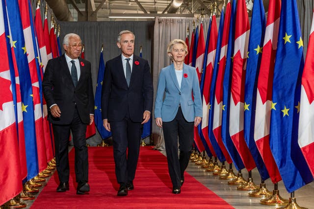European Council president Antonio Costa, Canada's prime minister Mark Carney and European Commission president Ursula von der Leyen attend a Signature Ceremony at the Canada-EU Summit in Montreal ( Reuters )