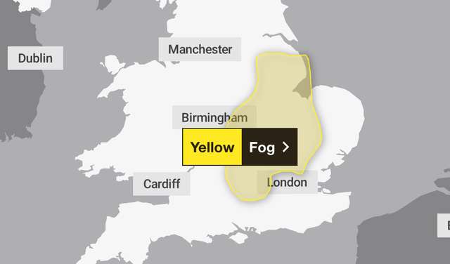 A yellow warning for fog is in place until 10am ( Met Office )