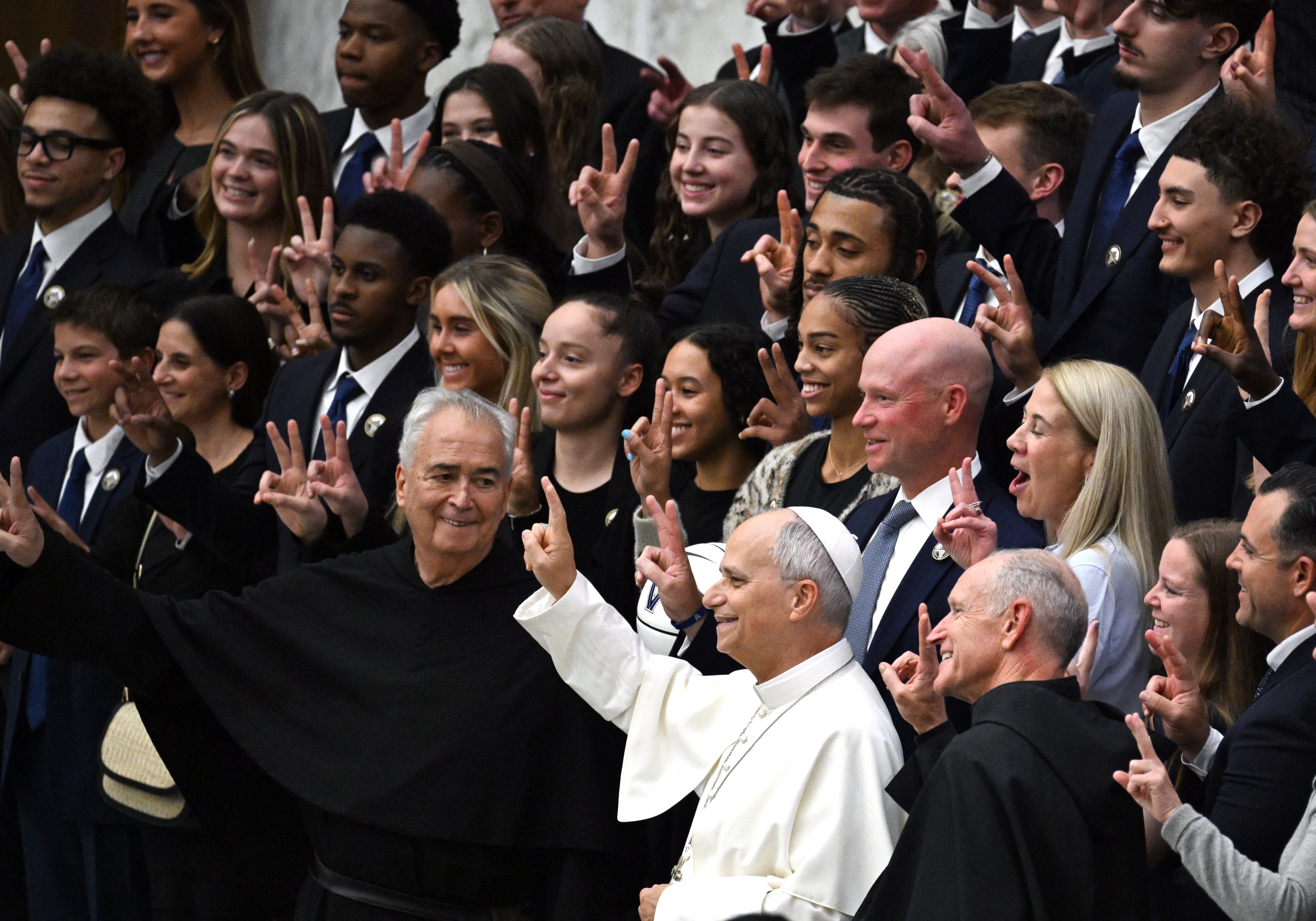 Pope Leo poses with a delegation from the Villanova Wildcats basketball team on October 31, 2026