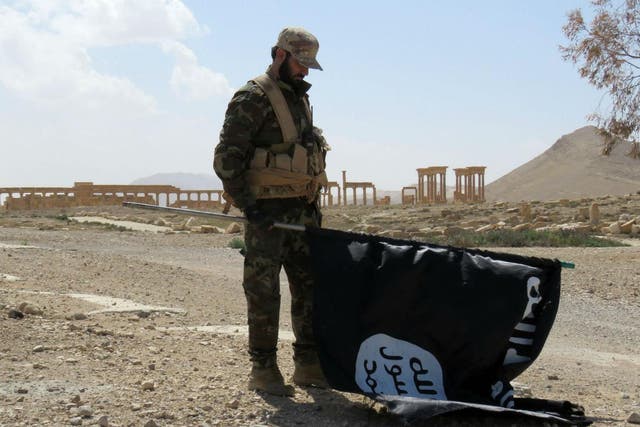 A member of the Syrian pro-government forces carries an Isis flag in Palmyra on 27 March 2016