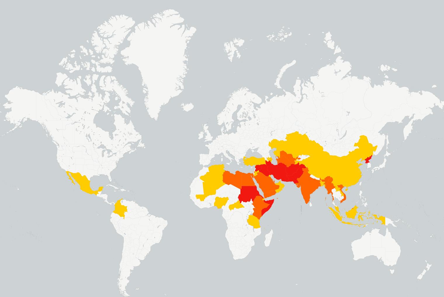A map of the countries where Christians face the most persecution