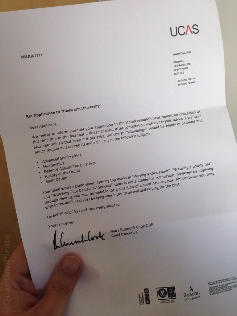 application | Ucas letter that Hogwarts University indy100 to RE