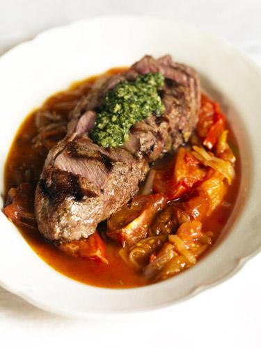 Veal sirloin with stewed tomatoes and pesto | The Independent