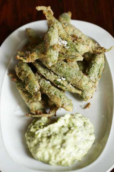 Deep-fried pea pods with minted pea mayonnaise | The Independent