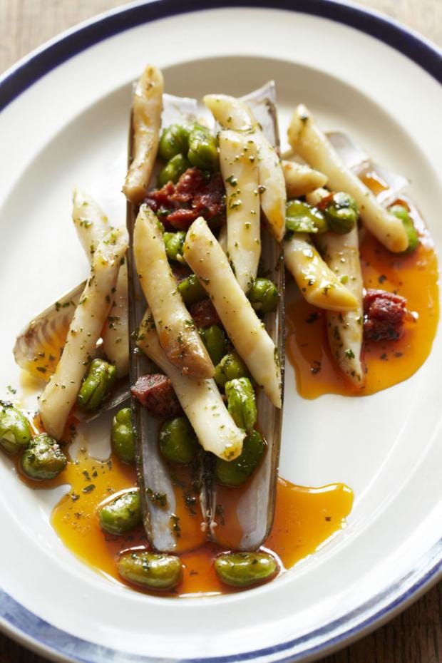 Steamed razor clams with chorizo and broad beans | The Independent