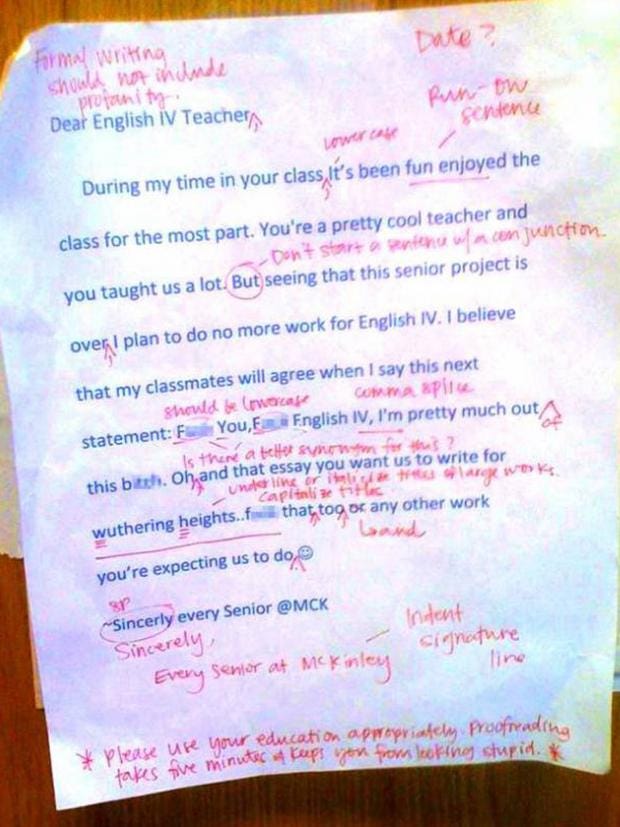 English teacher corrects abusive letter: 'proofreading takes five ...