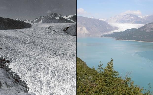 Melting Glaciers: Muir Glacier, Alaska. August 13, 1941 (Left) and August 31, 2004 (NASA, 2020).