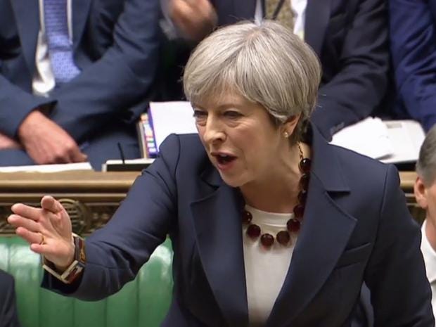 British Prime Minister Theresa May speaking during the weekly Prime Ministers Questions 