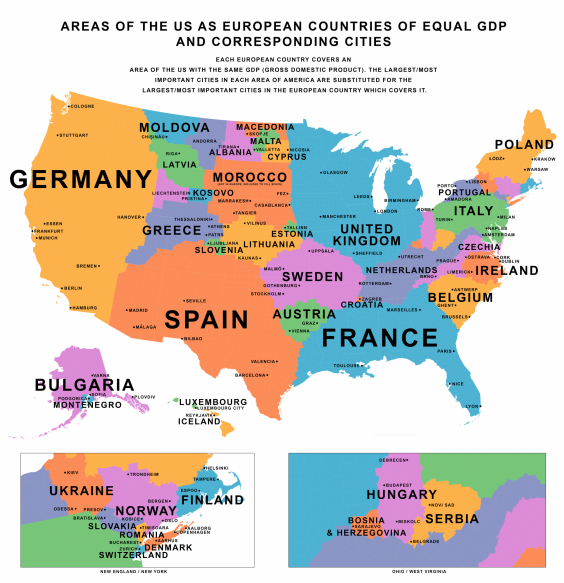 A map of the US states earning the same amount as European countries