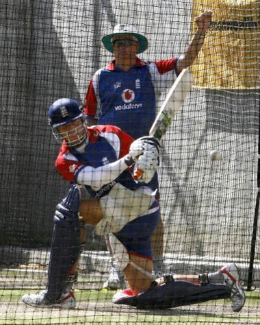 Vaughan is watched by England coach, Duncan Fletcher, during a nets session at the MCG