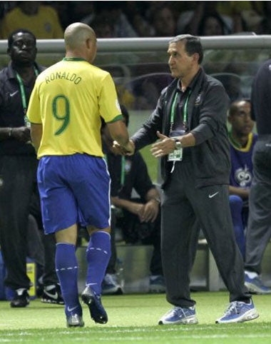 Ronaldo is subsituted during Brazil's first World Cup game