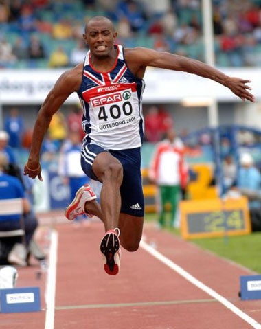 Douglas on his way to a triple-jump silver medal