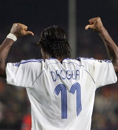 Didier Drogba celebrates his equaliser against Barcelona