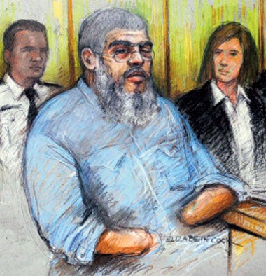 Abu Hamza at the Old Bailey where he faces 15 charges
