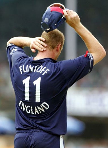England captain Andrew Flintoff suffers in Cochin