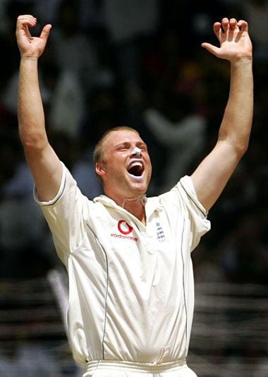 Captain Andrew Flintoff celebrates victory over India