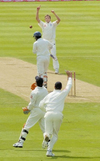 Plunkett (top) celebrates having Kumar Sangakkara caught by wicketkeeper Geraint Jones