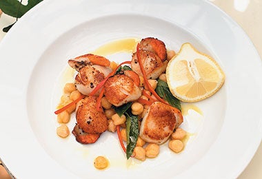 The sweetness of scallops is complemented by the earthiness of the chickpeas