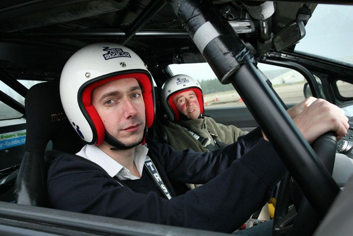 Rob Sharp at the helm in one of the two Honda Civic Hybrids converted for motorsport,with Bill Meeson (right) as navigator at Millbrook test circuit in Bedfordshire © John Lawrence