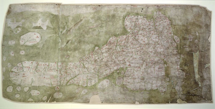 The map was produced by a combination of pen, ink and coloured washes, on animal hide, and is thought to date from the 14th century.