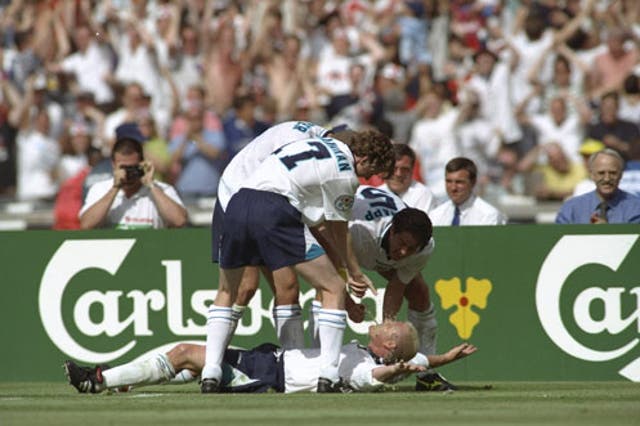 Paul Gascoigne celebrates after scoring against Scotland at Wembley during Euro 96