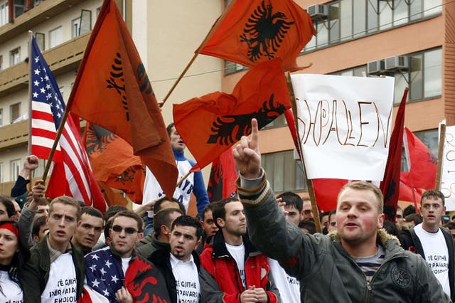 Kosovo Albanians during a rally for an immediate declaration of independence