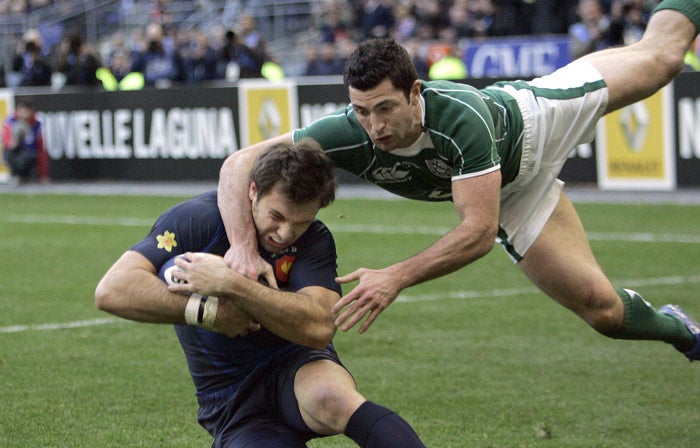 Hat-trick hero Vincent Clerc scores for France despite Robert Kearney's best efforts