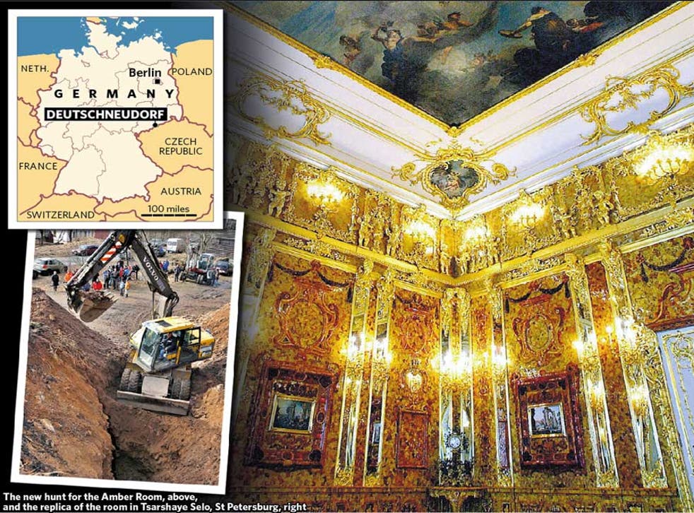 The new hunt for the Amber Room, left, and the replica of the room in Tsarskoye Selo, St Petersburg, right