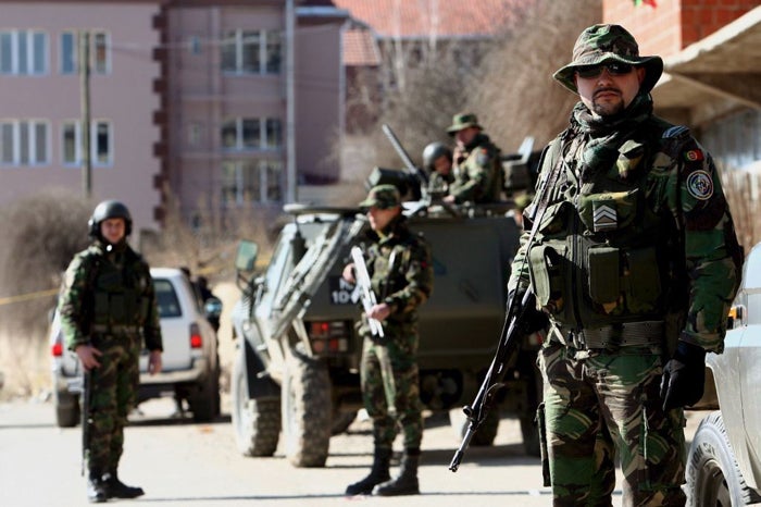 Spanish Kfor troops patrol in the Serb-dominated Kosovo city of Mitrovica © EPA