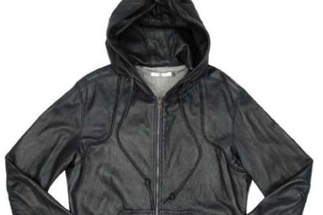Hooded leather jacket, £570, by Mike &amp; Chris, from KJ's Laundry