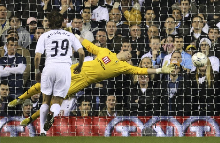 Tottenham's Paul Robinson pulls off a save against Slavia Prague at White Hart Lane last night